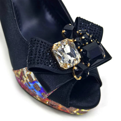 Rhinestone Design INS Hot Sale New Arrivals African Shoes and Bag Set in Blue Color Open Toe Comfortable Women Heels