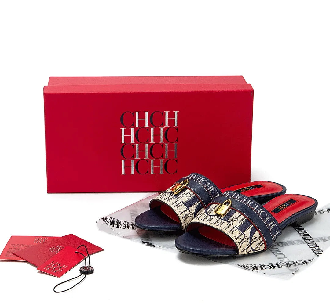 High Quality Metal Lock Monogram Print Women's Low Heeled Slippers Delicate and Versatile Women's Fashion Slippers