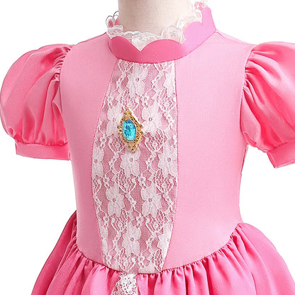 Fantasia de Princesa Pêssego com Luz LED Colorida para Aniversário de Criança Jogo de Roleplay Vestido de Menina para Halloween Festival Rosa Renda 2-9 Anos C