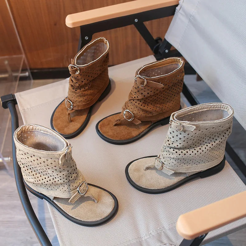 Ankle-strap Summer Slouchy Boots for Girls Suede Leather High-top Sandals Princess Cut-outs Flip Flop Dress Shoes Child J03203