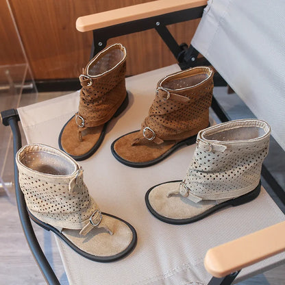Ankle-strap Summer Slouchy Boots for Girls Suede Leather High-top Sandals Princess Cut-outs Flip Flop Dress Shoes Child J03203