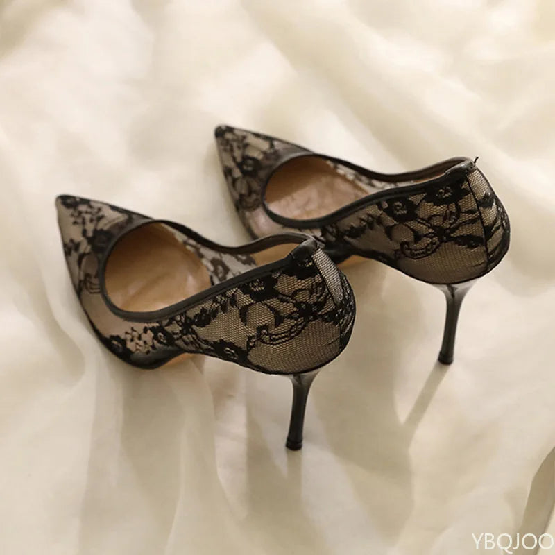Women's Shoes Breathable Lace Mesh Sexy High Heels Design Sense Niche Temperament Pointed Thin Single Shoes Versatile Solid