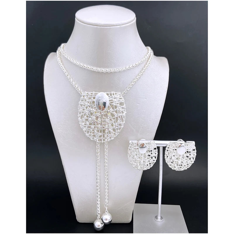 18K Gold Plated Necklace And Earrings For Women Set 85cm Long Chain Dubai Gold Color Silver Color Jewelry Adjustable Length 3pcs
