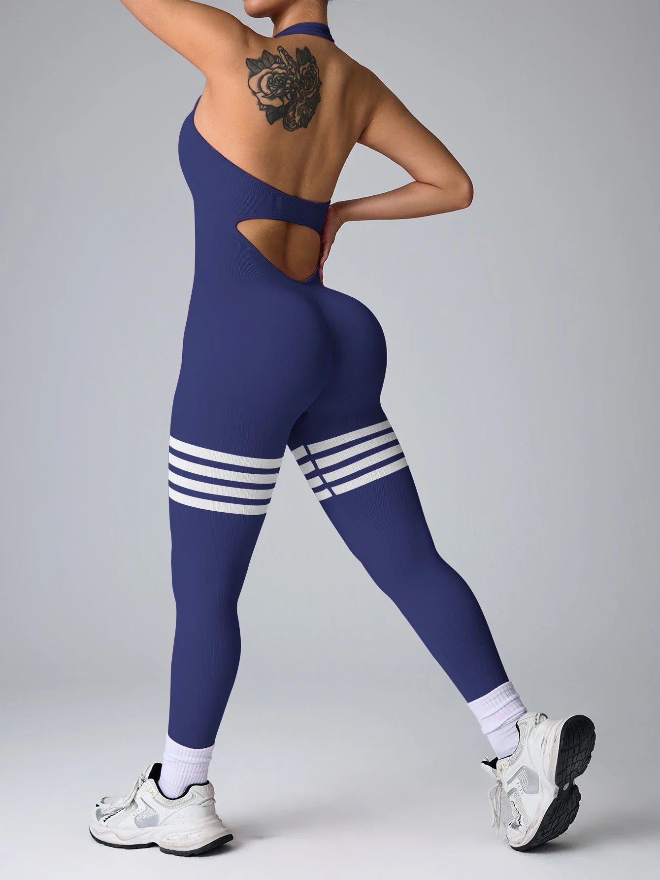Women Line Backless Gym Yoga Jumpsuits Training Yoga Butt Lifting Workout Fitness Halter Rompers Bodysuita