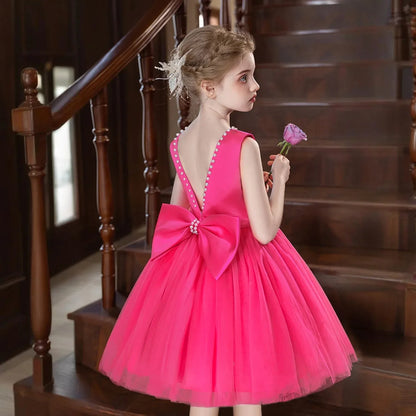 Princess Girl Bow Dress Kids Tulle Wedding Guest Party Birthday Pearls Elegant Bridesmaid Pageant Prom Ball Gown Gift