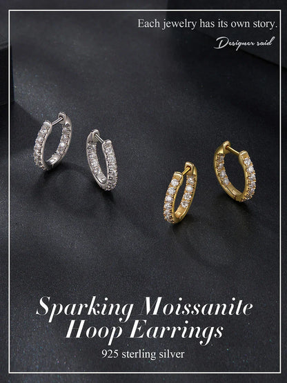 Gold Moissanite Hoop Earrings for Women, 925 Sterling Silver D Color Round Cut Lab Diamond Hypoallergenic Earrings