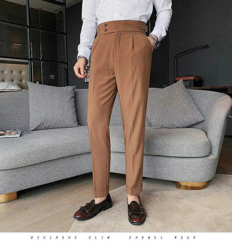Men British Style Suits Pants New Male Solid High Waist Trousers High Quality Men Formal Slim Fit Business Casual Suit Pants