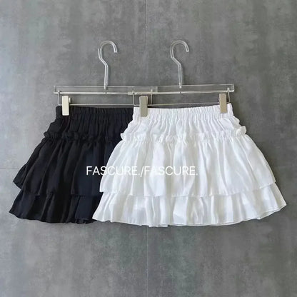 Summer Mini Pleated A-Line Skirt Adorable Flirty High Waist Ruffle Patchwork Lolita Ball Gown Y2K Korean Sweet Women's Clothing
