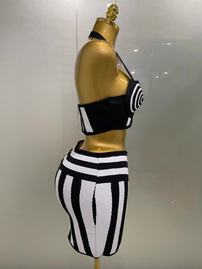 Women Celebrity Sexy Jacquard Black White Two Piece Bodycon Striped Bandage Skirt Set Designer Evening Party Dress
