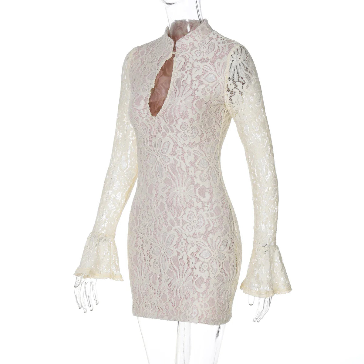 Turtleneck Long Flare Sleeve Patchwork Lace Hollow Out Button Sexy Mini Dress 2025 Spring Women Clothes Party Nightclub