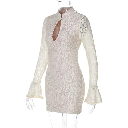 Turtleneck Long Flare Sleeve Patchwork Lace Hollow Out Button Sexy Mini Dress 2025 Spring Women Clothes Party Nightclub