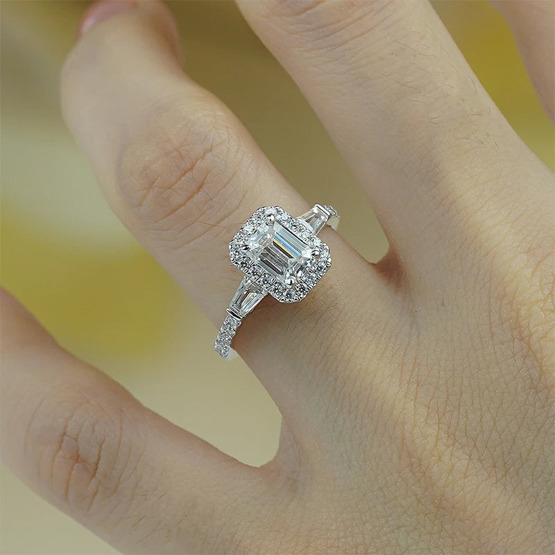 D Color Full Moissanite Ring For Women 5x7mm Emerald Cut Sparkling Rings S925 Silver Wedding Party Luxury Band Jewelry