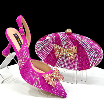 Nigerian-Inspired Rhinestone High Heels for Women with Purple Oval Bag – Stylish Ladies' Footwear & Accessory Set