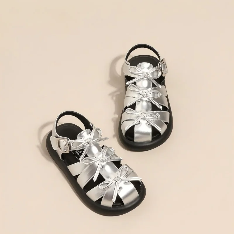 Kids'Casual Shoes Sandals PU Leather Bow Fashion Summer Shoes For Girls Hook and Loop Anti-slip Silver Black Shoes Size 26-36