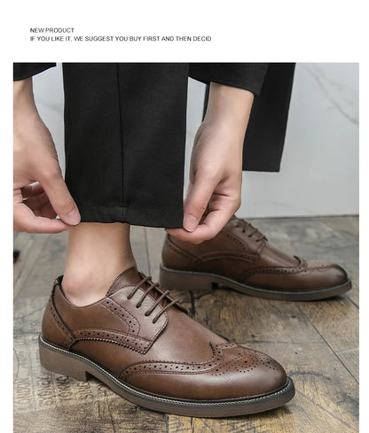 Retro leather shoes - men's brook engraved lace-up British business formal soft-soled fashionable casual trendy shoes