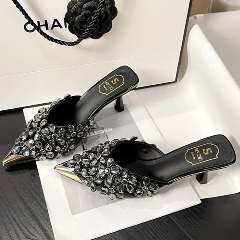 Luxury Rhinestones Pointed Toe Mules Pumps Women Slippers Summer New Fashion Slides Designer High Heeled Sandals Female Tacones