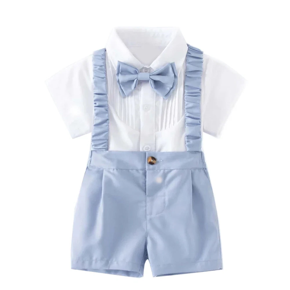 Summer Children's Clothing Short Sleeve Lapel Wrinkle Shirt with Solid Overalls Boy Gentleman Wedding Costume Cotton Kid Suit