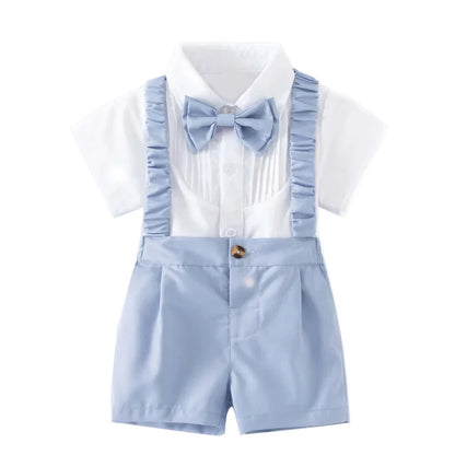 Summer Children's Clothing Short Sleeve Lapel Wrinkle Shirt with Solid Overalls Boy Gentleman Wedding Costume Cotton Kid Suit
