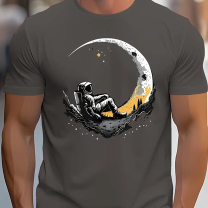 Men's summer 100 cotton fashionable casual loose plus size landing moon pattern printed sports round neck short sleeved T-shirt