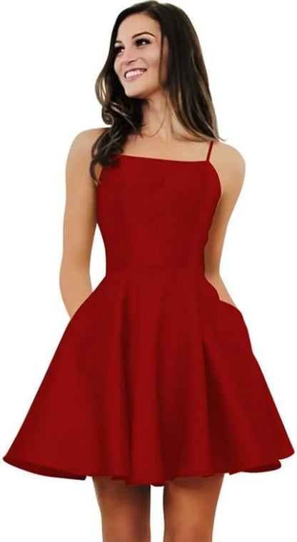 Short Homecoming Dresses for Teens With Pockets Spaghetti Straps Satin Prom Dress for Women A-line Knee Length Party Dress