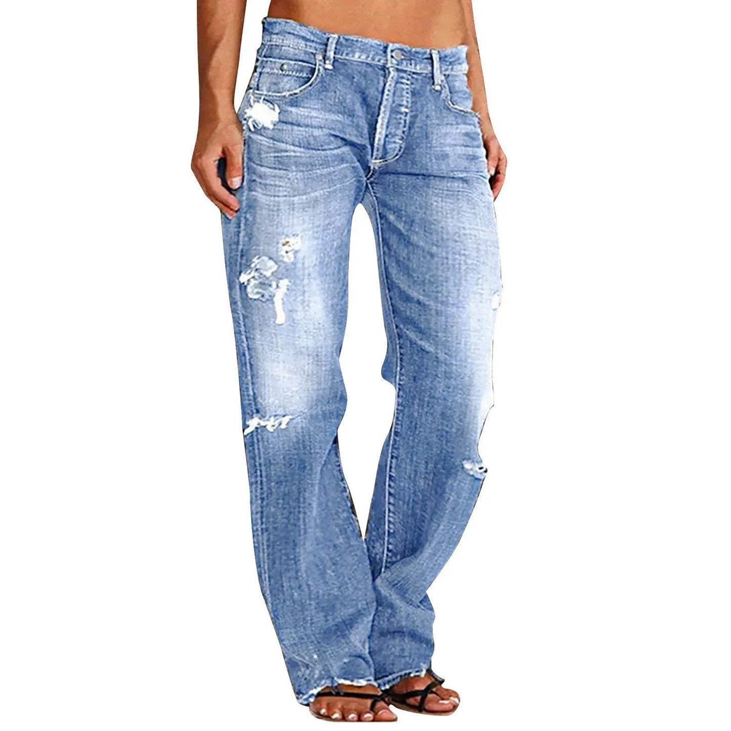 Women Men Denim Pants Casual Ripped Loose Straight Leg Jeans