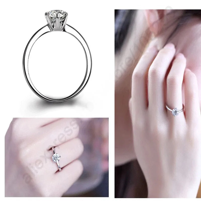 Elegant Classic Real 925 Sterling Silver Finger Rings Jewelry Crystal Cubic Zircons