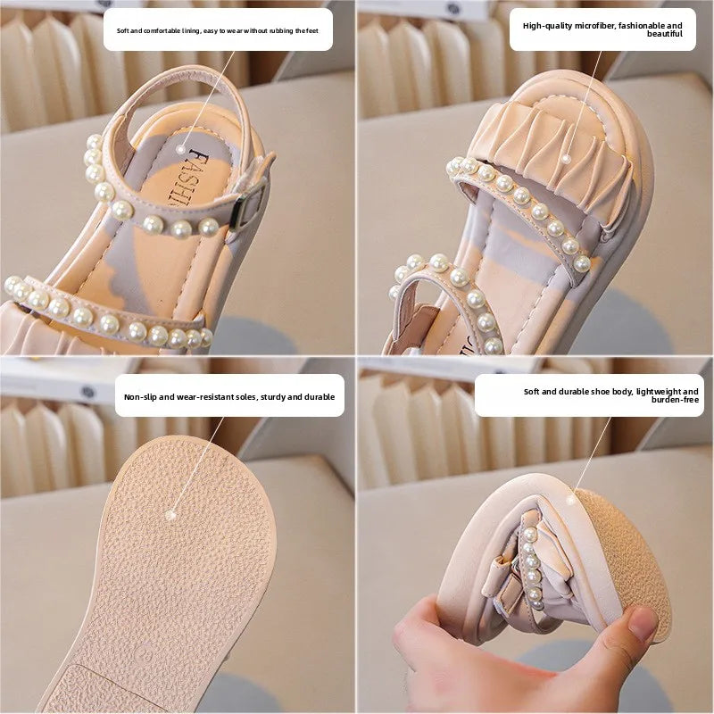 Girls Sandals Kids Summer Shoes Children's Beach Sandals with Pearls Princess Sweet Anti-slippery Open Toes Lace Chic Beading
