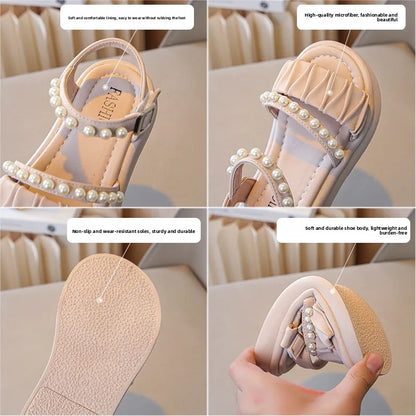 Girls Sandals Kids Summer Shoes Children's Beach Sandals with Pearls Princess Sweet Anti-slippery Open Toes Lace Chic Beading