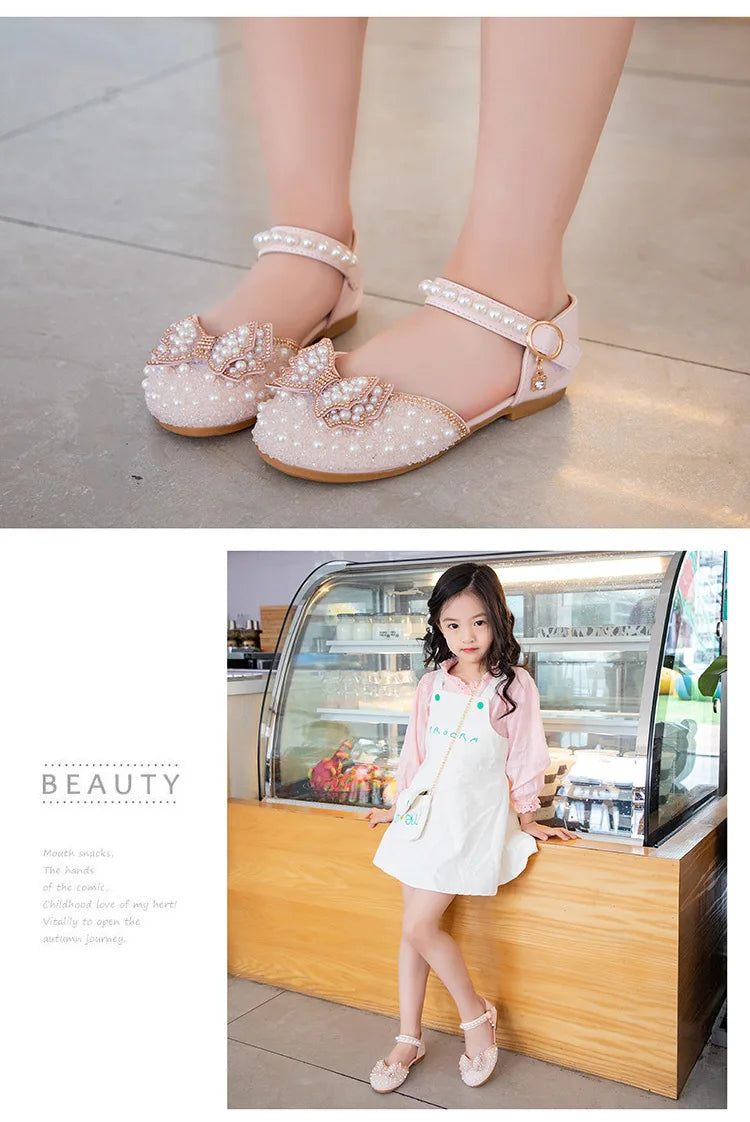 2026 Spring New Girl Sandals Cute Bow Pearl Sequins Kid Princess Shoes Flat Heels children Dancing 21-34