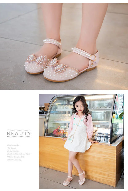 2026 Spring New Girl Sandals Cute Bow Pearl Sequins Kid Princess Shoes Flat Heels children Dancing 21-34