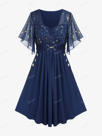 Plus Size Stars Print Buckle Button Pockets Ruched Butterfly Sleeves Dress Deep Blue Women Casual Square Collar Dresses