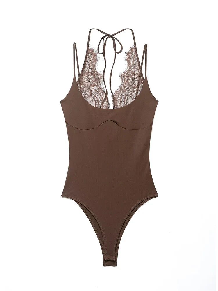 Women Sexy Slim Bodysuits Chic Lace Partwork Sleeveless Fashion Backless Sling Tops 2026 Newest Lady Casual Playsuit