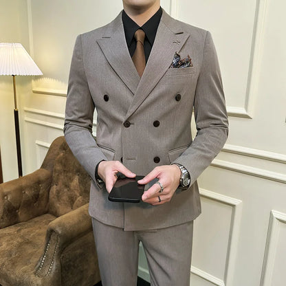 ( Blazers + Pants ) Boutique Fashion Solid Color Double-breasted Men's Casual Business Slim Suit 2-piece Set Groom Wedding Dress