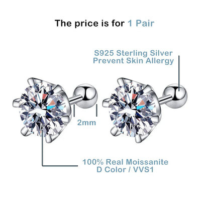 0.2/0.5/2ct D Color Moissanite Screw Stud Earrings for Women Men Silver 925 Plated 18K Pass Diamond Test 6 Prong Earring