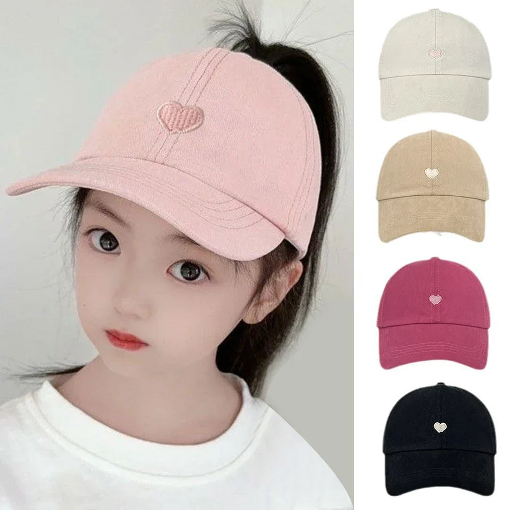 Kids Baseball Caps for Boys Girls Sun Hat Love Heart Hollow High Ponytail Caps Children Adjustable Baseball Caps for 4-12 Years