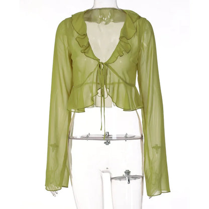 2025 Women Fungus Lace Solid See Through Silk Flare Sleeve V Neck Crop Tank Fashion Casual Sweet Girl Top