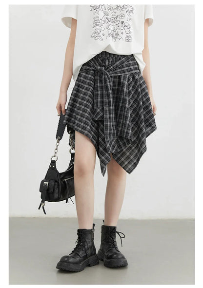 Women Skirts A Line Elastic Waist Strap Ties Irregular Plaid Half Length Skirt Female Short Skirt Woman Summer 2025