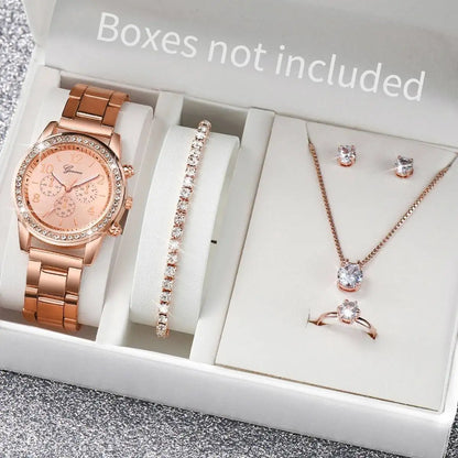 6PCS/Set Fashion Rhinestone Women Watches Analog Quartz Wrist Watch Jewelry Set Reloj Mujer（Without Box）