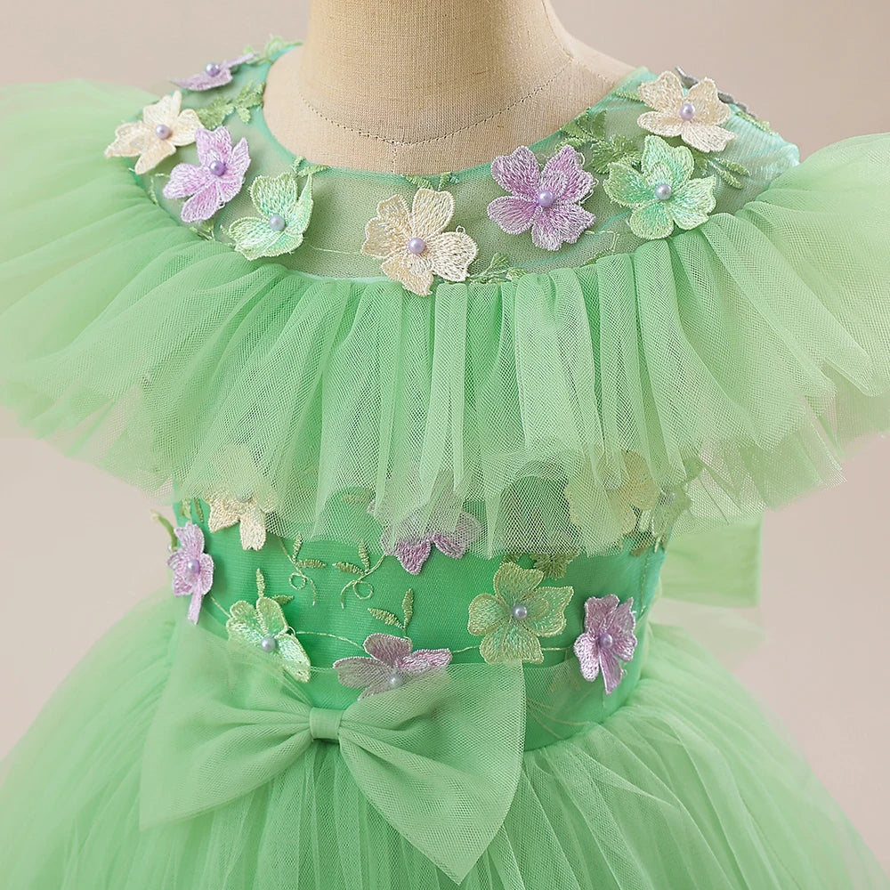 Summer Flower Embroidery Party Bridesmaid Girls Dresses Elegant Tulle Birthday Princess Dress Girls Bow Wedding Prom Kids Clothe