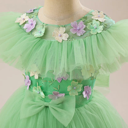 Summer Flower Embroidery Party Bridesmaid Girls Dresses Elegant Tulle Birthday Princess Dress Girls Bow Wedding Prom Kids Clothe
