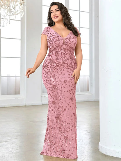 Vestidos de Noite Elegantes Rosa Plus Size com Decote em V e Lantejoulas até o Chão, com Manga Curta, para Madrinhas, Festas e Coquetéis