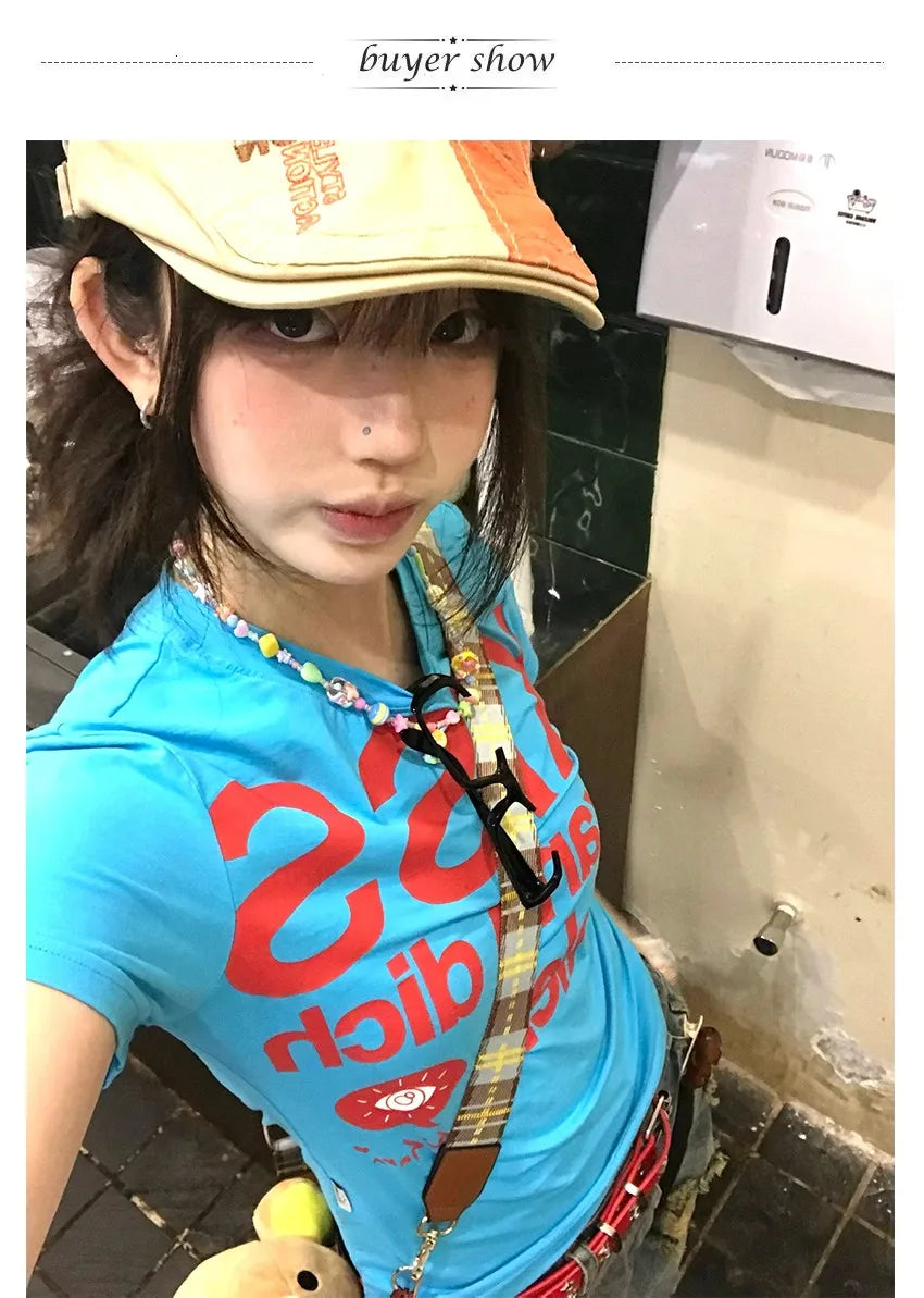 Japanese Y2k Letter Print T-shirt Trashy 2000s Style Crop Top Vintage Harajuku Short Sleeve Tee Shirt American Retro 90s