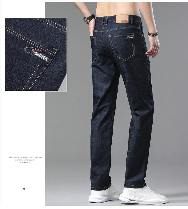 2025 Spring Summer Thin Classic Men's Business Jeans Stretch Trousers Casual Straight Denim Pants  Brand Male Clothing 28-40