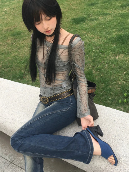 Grunge Aesthetics Mesh Tops Japanese Y2k Sheer Tops Vintage Harajuku See Through Crop Top Korean Fashion Tie Dye T-shirt