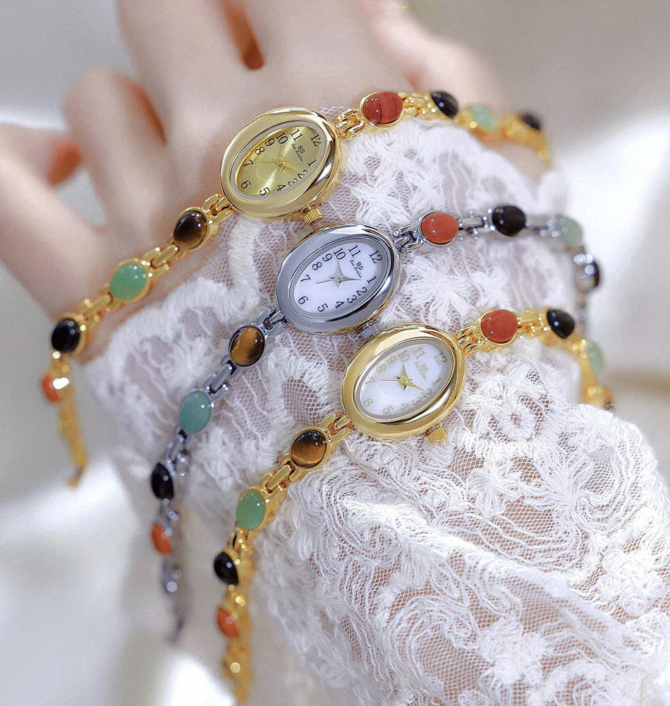 Women's watch Vintage Natural Colorful Jade Bracelet Wristwatches Clock,Luxury Elegant Small Oval Dial Quartz Watch Waterproof