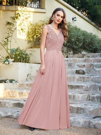 Vestido de festa de casamento em azul marinho com chiffon, renda, bordado, decote em V, cristal, sem mangas, elegante, formal, para madrinha de casamento