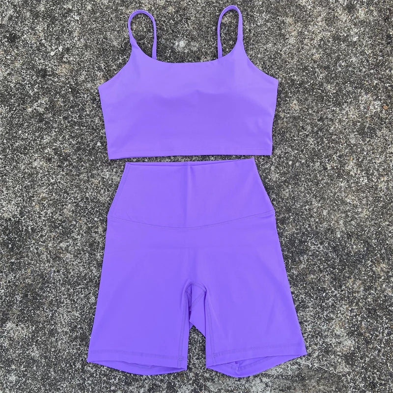 Yoga Clothes Set 2 Piece Gym Sports Shorts Set Women Sexy Back Bra Top High Waist Shorts Fitness Suit Running Workout Tracksuit