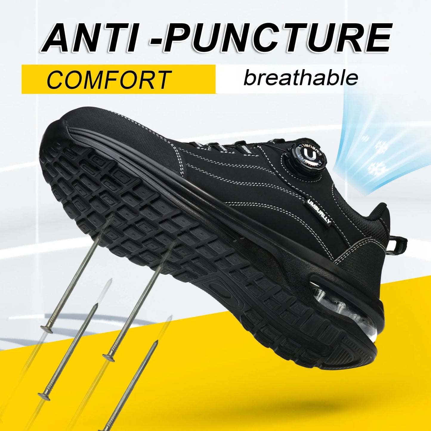 Men's Steel Toe Safety Work Boots Puncture Resistant Kevlar Midsole Air Cushioned Black Button Style Industrial Construction