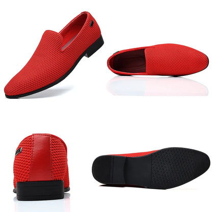 Mocassins Masculinos em Tela Respirável e Resistente ao Desgaste, Bico Fino, Sola de Borracha, Cano Baixo, Tamanhos Grandes, Sapatos Casuais Slip-On, Estilo Slip-On Simples