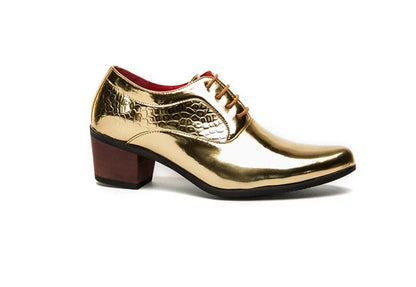 New 2025 Luxury Gold Men High Heel Leather Shoes Moccasins Designer Pointed Dress Shoes Men Wedding Formal Shoes Big Size 46